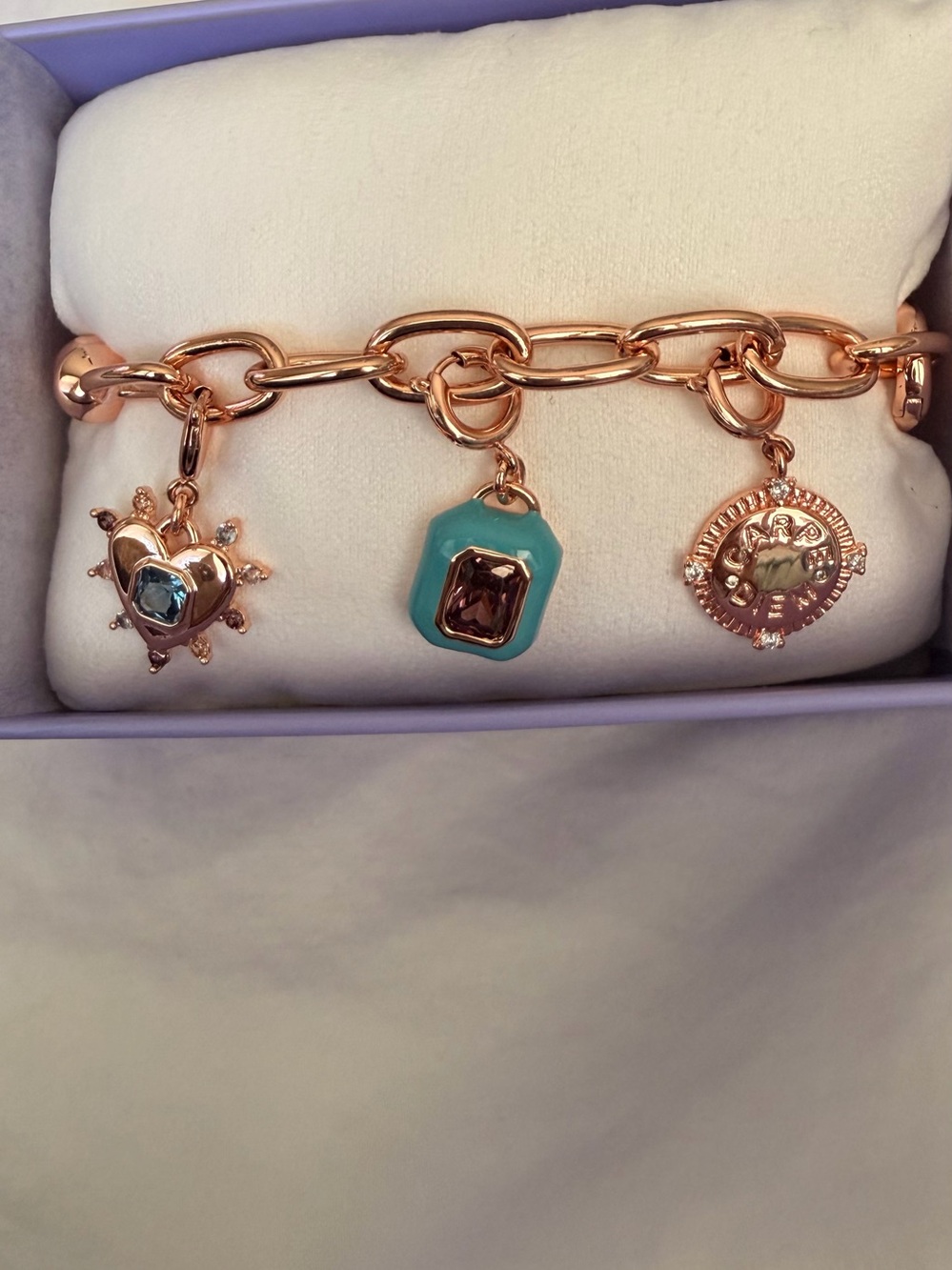Rose Gold Plated Charm Bracelet with Turquoise & Crystal Accents - Women Jewelry